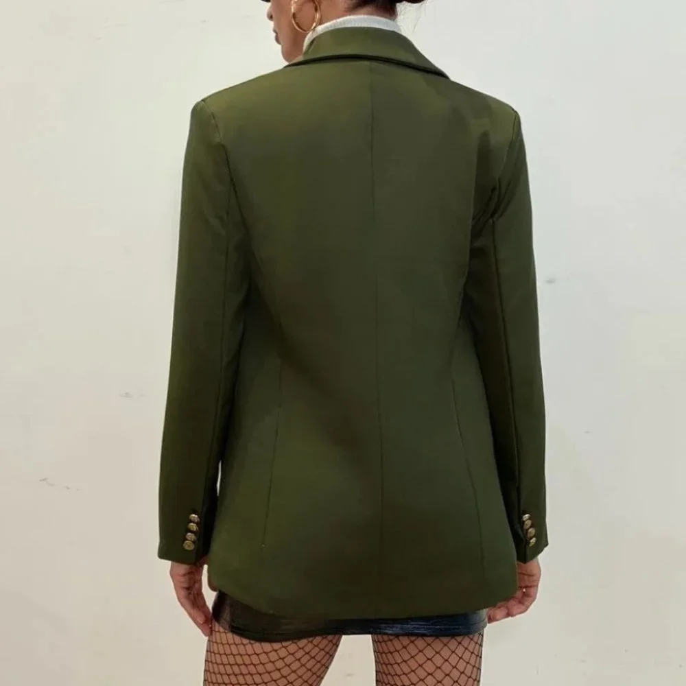 Lapel Collar Double Breasted Blazer  Army Green - Picture 3 of 8